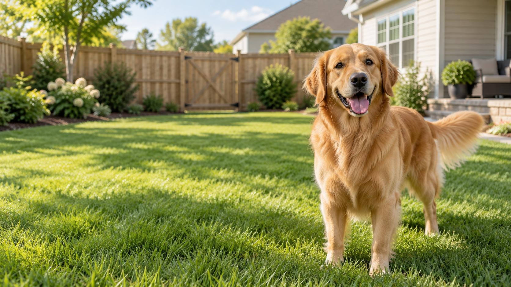 Happy golden retriever in a clean fenced backyard
